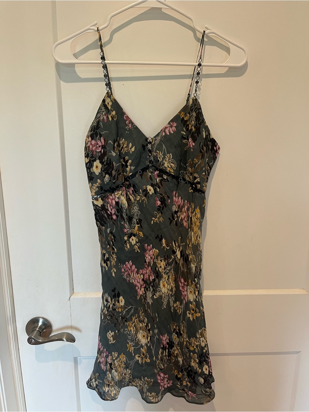Haute Hippie Dark Green Floral Slip Dress with Pink & Cream Blooms